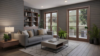 Fototapeta premium Modern living room with large windows and cozy seating arrangement with stacked boxes ready for moving or renovation