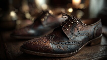 Close-up of handcrafted brown leather brogues