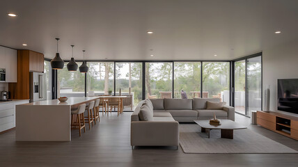 Fototapeta premium Modern open-plan living room and dining area flooded with natural light from large floor-to-ceiling windows showcasing a stylish interior design.