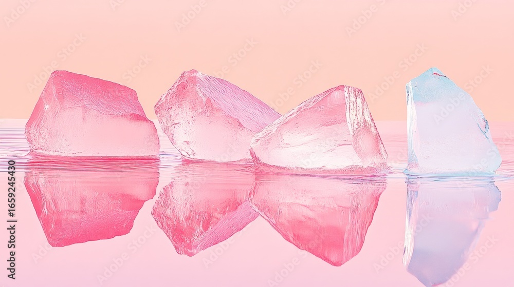 Aufkleber rose quartz inspired ice blocks reflecting in water on pastel background creating an abstract and