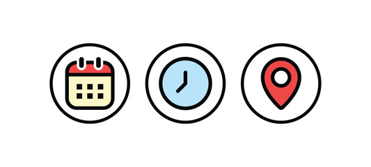 Calendar, clock, and location pin icon set with color. Ideal for interface, schedule, travel, event, time, and navigation related design. Clean and simple vector illustration.