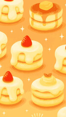 Seamless Pancake and Dessert Pattern with Strawberries and Cream on Orange Background