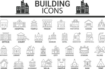 Building a Line art icon set. Containing house, office, bank, school, hotel, shop, university, and hospital icons. Solid icon collection. Vector illustration.