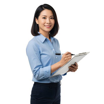 Asian woman writes on clipboard with marker She wears a blue shirt on white or transparent background
