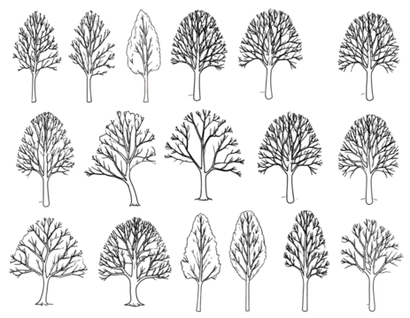 .Winter trees silhouettes collection. Set of isolated vector design elements.. Hand drawn illustration in sketch style. Nature template. Clipart - Powered by Adobe