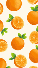 Seamless Orange Fruit Pattern with Green Leaves on Cream Background