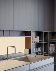 A clean and contemporary kitchen interior with new cabinets, a modern stove, 3d render