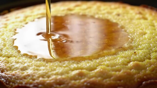 Honey being poured over a golden yellow cornbread