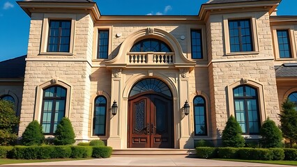 Obraz premium A grand luxury house entrance with elegant stone facade, surrounded by lush greenery and blue skies.