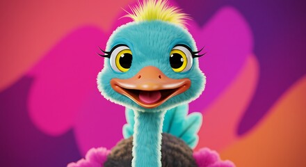 Obraz premium Adorable fluffy blue cartoon ostrich chick with big yellow eyes and orange beak