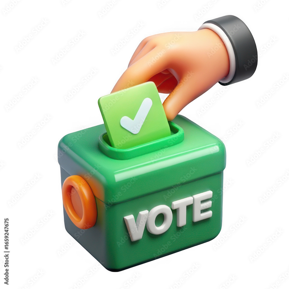 Poster 3d voting box with hand casting ballot isolated on transparent background