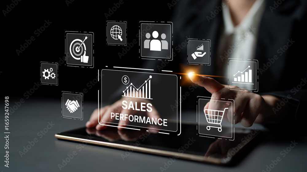 Poster digital sales performance dashboard showing sales performance metrics, performance trends, sales per