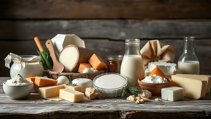 A rustic wooden table displaying a variety of fresh dairy products in soft natural light.