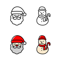 Cute Flat Christmas Icons of Santa Claus and Snowman