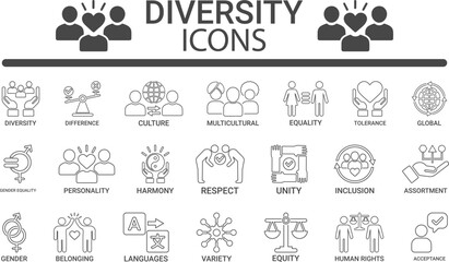 Diversity Line art icon set. Containing equality, culture, languages, tolerance, difference, belonging, human rights, and ethnicity icons. Solid icon collection. Vector illustration.