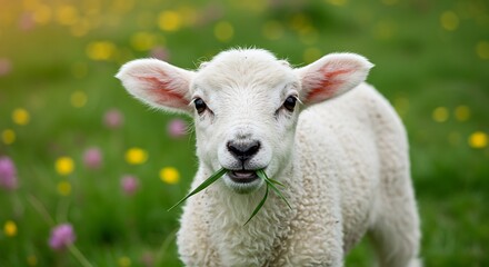 Fototapeta premium Adorable fluffy white lamb eating grass in a vibrant green meadow