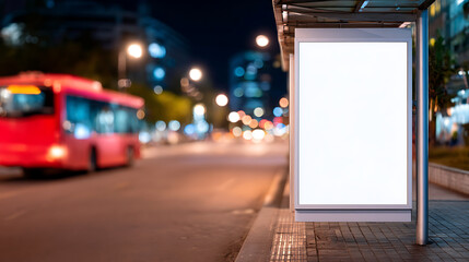 blank white vertical billboard at night bus stop city street scene red bus passes by urban advertising mockup empty space for advertisement night time ideal for marketing communication