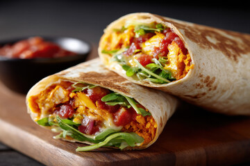 Chilli tortilla sweet potato, tomato salsa & cheese wrap isolate