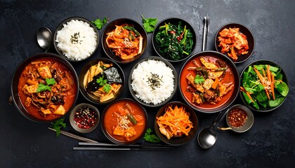 A visually rich and authentic Korean food spread, featuring a diverse assortment of traditional dishes like savory stews, fresh banchan, and steamed rice
