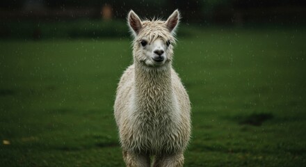 Fototapeta premium A wet, white alpaca stands in a verdant field, rain gently falling, its soft fur slightly matted, gazing directly at the camera with a curious expression