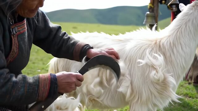 Elder Woman in Traditional Clothing Combs the White Wool of a Cashmere Goat Capra Aegagrus Hircus Using a Tool in a Pastoral Rural Scene Under Sunlight Perfect for Decoration or Animal Care Content