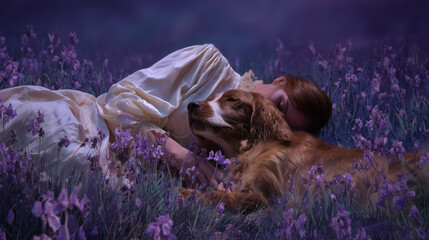 Woman reclining with her golden retriever in a field of flowers