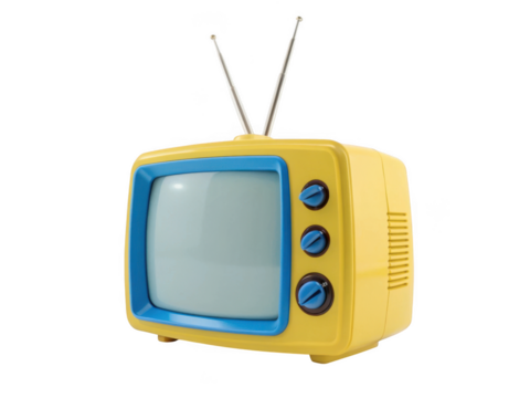Retro yellow and blue portable television with extendable antenna isolated on transparent background
