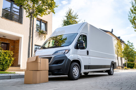 Electric delivery truck parked in residential area, courier delivering a package, example of eco-friendly urban goods transport - Powered by Adobe