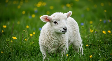 Obraz premium Adorable White Lamb Standing in a Lush Green Meadow with Yellow Flowers