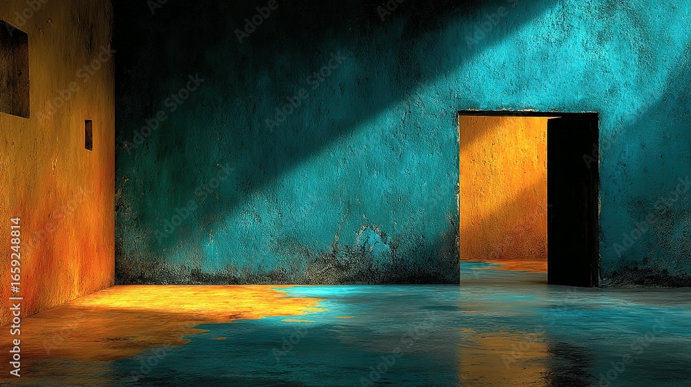 Poster empty room with light shining through an open doorway creating colorful shadows.