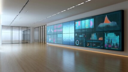 Modern office with large video wall displaying data graphics - Powered by Adobe