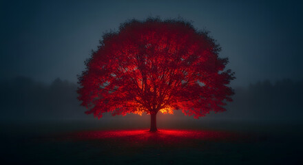 A solitary radiant tree illuminates the tranquil nightscape a vibrant beacon amidst the ethereal fog its crimson canopy a spectacle of natures artistry against the muted twilight hues an enchanting