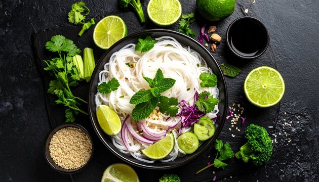 A vibrant top-down view of a delicious Asian rice noodle bowl, garnished with fresh lime, cilantro, and mint on a dark background