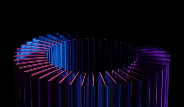 Abstract crystal pattern with blue purple caustic effect, neon light holographic gradient on black 3D background with glass chromatic cube block shapes render. 3D illustration