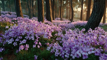 Naklejka premium Lilac flowers carpet a sunlit forest floor