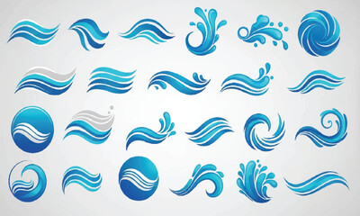 Obraz premium Set of blue water wave symbols and icons. Vector illustration collection of abstract ocean, sea, and aqua splashes, swirls, and flow design elements.