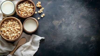 Breakfast Bowls with Oats, Milk, and a Wooden Spoon on a Dark Surface