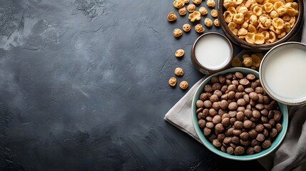 Healthy Breakfast Cereal Bowls with Milk and Crunchy Snacks