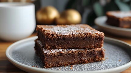 Delicious Chocolate Brownies with Dusting of Sugar on Plate