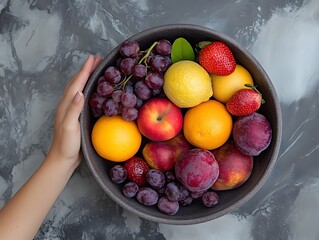 Fresh and Colorful Fruits in a Bowl on a Marble Surface