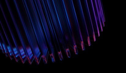 Black 3D background with abstract crystal pattern, glass chromatic cube block shapes render, neon light holographic gradient and blue purple caustic effect. 3D illustration