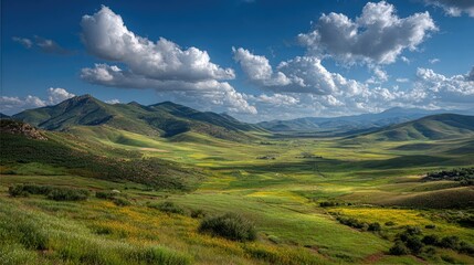 Fototapeta premium Expansive valley, mountain range, bright sky