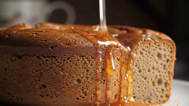 Honey-glazed cake slice close-up