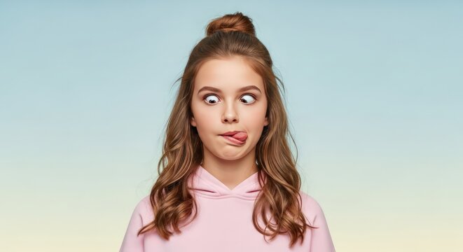 Funny Teenage Girl Making a Silly Face, Cross-Eyed and Sticking Out Tongue