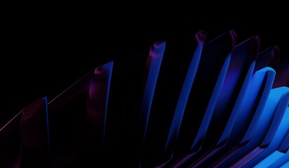 Black 3D background with abstract crystal pattern, glass chromatic cube block shapes render, neon light holographic gradient and blue purple caustic effect. 3D illustration