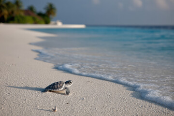 peaceful beach scene in maldives where tiny turtle makes its way across soft white sand