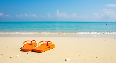 Obraz premium Bright Orange Flip-Flops on a Sandy Beach with Turquoise Ocean and Blue Sky