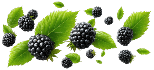 Fresh blackberries and leaves in motion against a black background