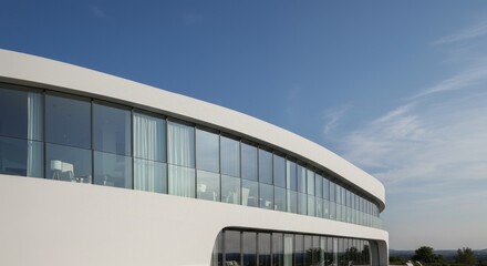 Modern white building with curved facade and large windows. Clear glass reflects interior furnishings against a blue sky. Sunlight bathes the exterior
