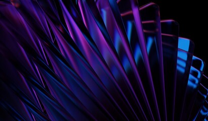 Blue purple caustic effect with neon light holographic gradient, black 3D background, and glass chromatic cube block shapes render. Abstract crystal pattern. 3D illustration